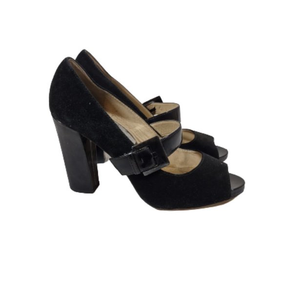 Michael Michael Kors Black Peep Toe Suede Patent Heels Pumps Women's Size 10 - Picture 3 of 7